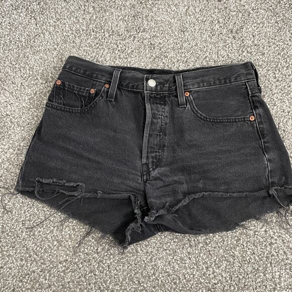Levi's 501 Jeans Shorts Women Charcoal Wash High Rise Raw Hem Button Fly - Picture 1 of 8